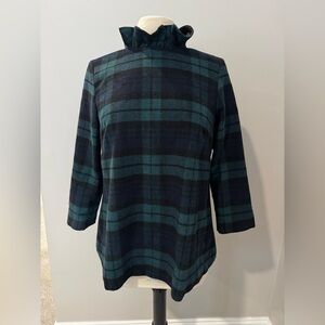 TuckernuckBlue & Green Plaid Ruffle Collar Top – NWOT MEDIUM wool blend